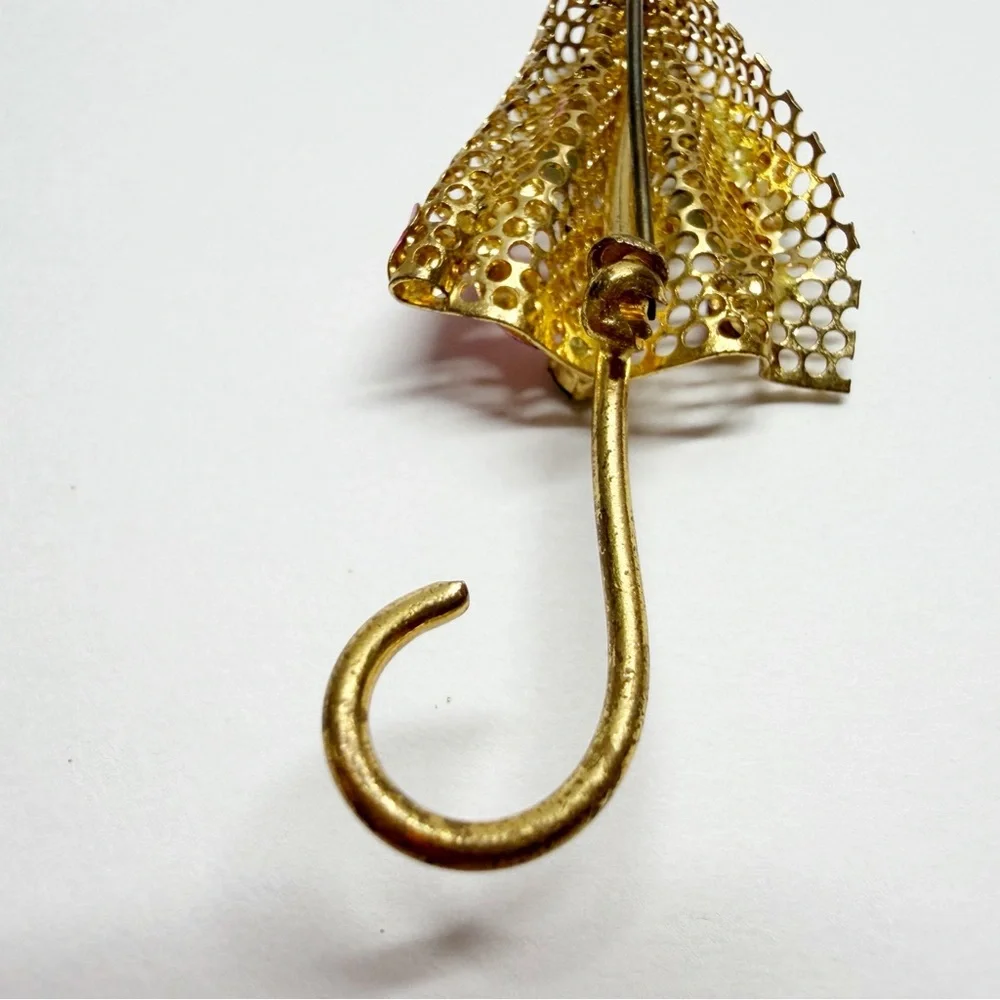Vintage Gold Tone Umbrella Enamel Floral Ladybug Brooch - Picture 6 of 8